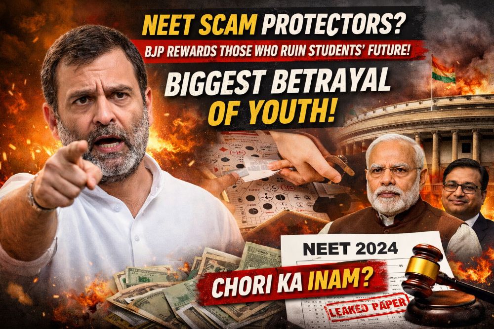 राहुल गांधी ने “संविधानिक NEET धोखाधड़ी” का आरोप लगाया, बीजेपी सरकार पर अधिकारियों की रक्षा करने और अनियमितताओं को पुरस्कृत करने का आरोप लगाया।
